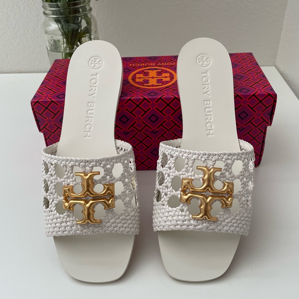 New white Tory Burch Eleanor Woven slides